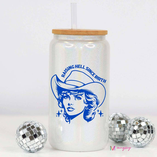 Raising Hell Since Birth Western Glitter Glass Cup