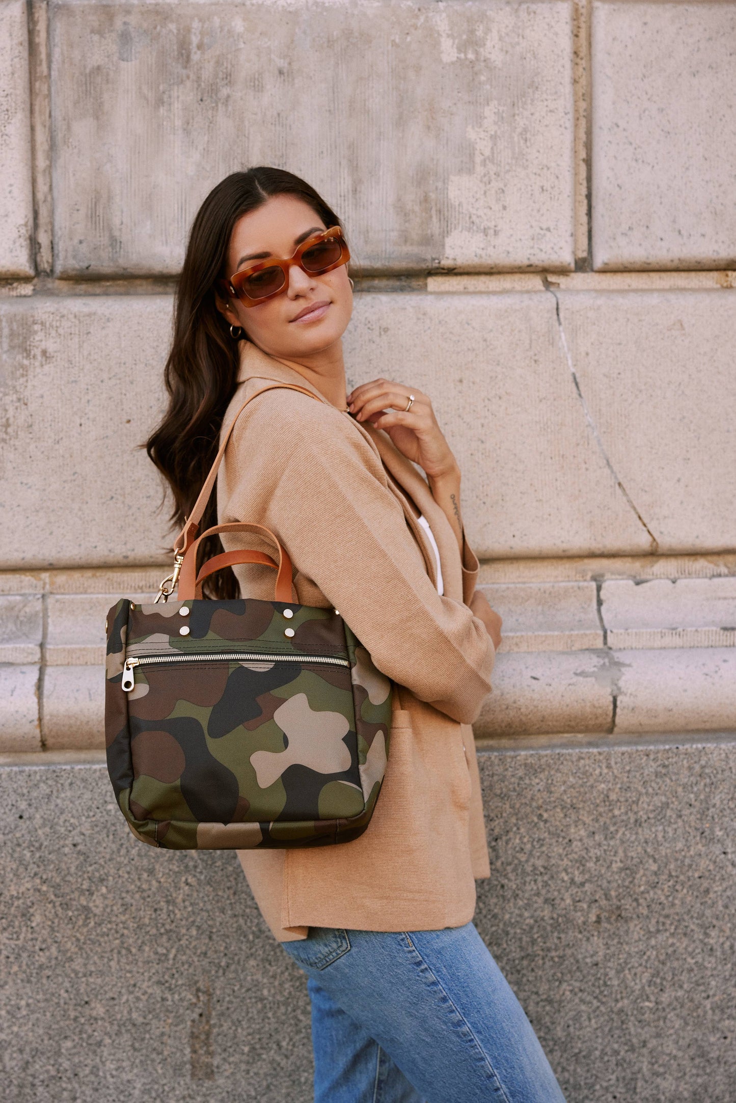 Joey Camo Nylon Tote with Leather Accents